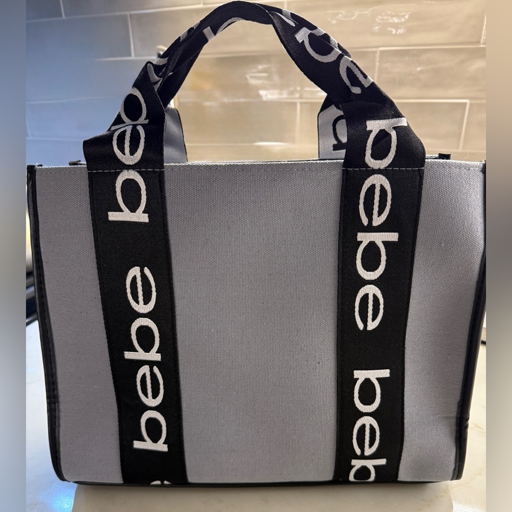 Bebe Black and Denim Tote Bag with Gold Logo NWT - Picture 3 of 8
